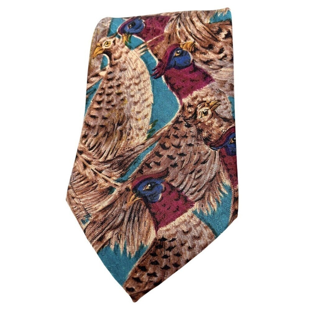 MARK SHALE Men's 100% Silk Necktie ITALY Designer Pheasants Brown Teal EUC Rare